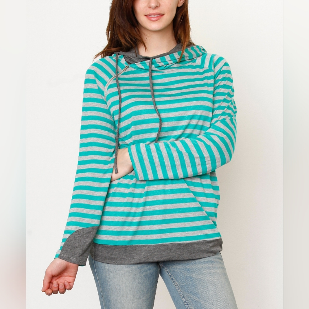 NEW Egs by éloges Green & Gray Two Tone Stripe Zip Accent Hoodie Small